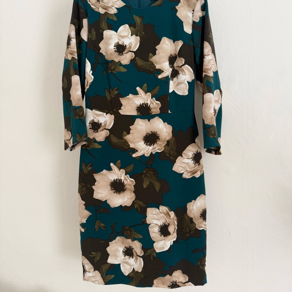 Banana Republic magnolia Teal and Cream Floral 3/4 Sleeve Dress